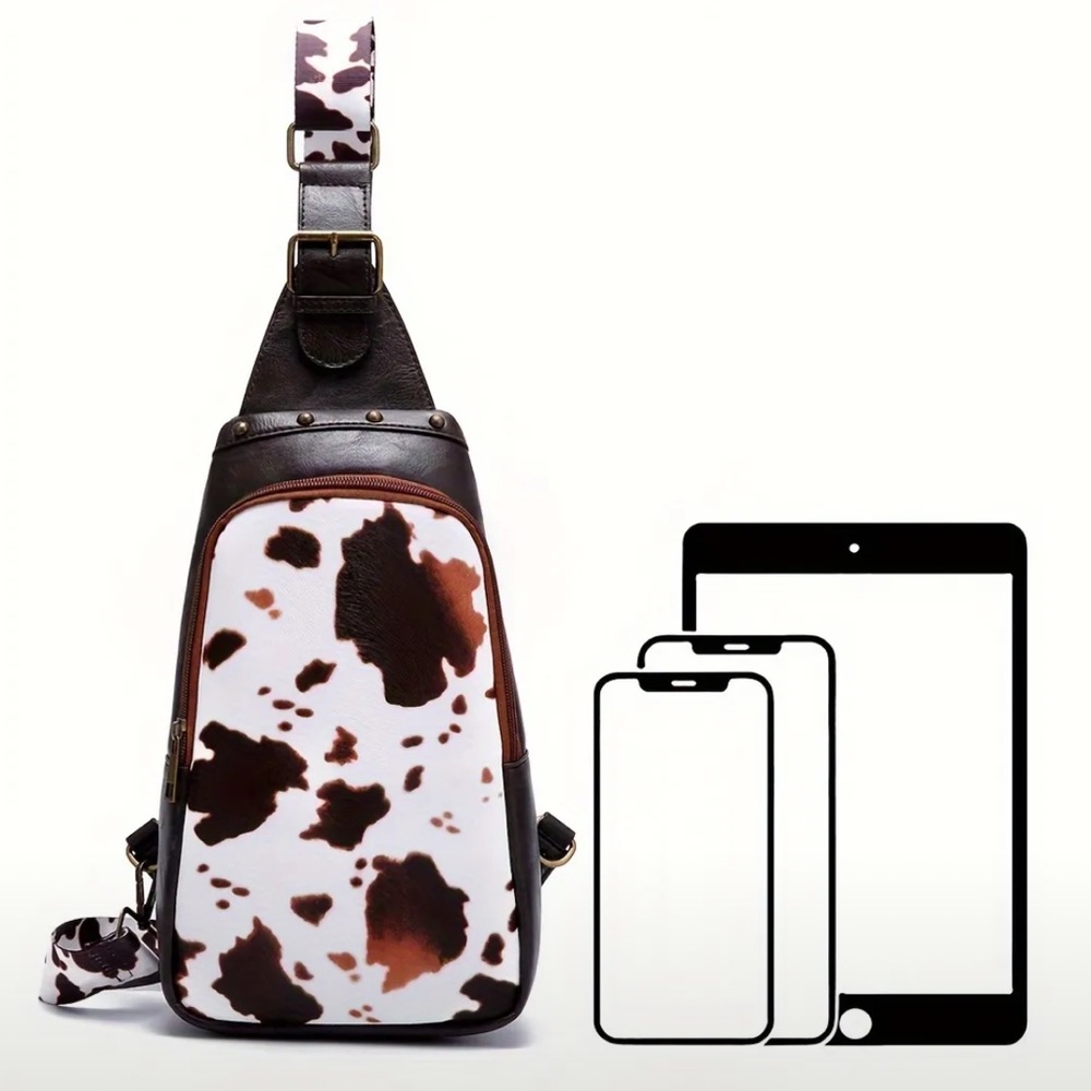 Vegan Leather Studded Vintage Cow Print Crossbody Bag - Picture 5 of 10